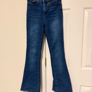 Denim Essence Crop Flare Jeans size 3 High Rise Raw Hem Medium Wash.